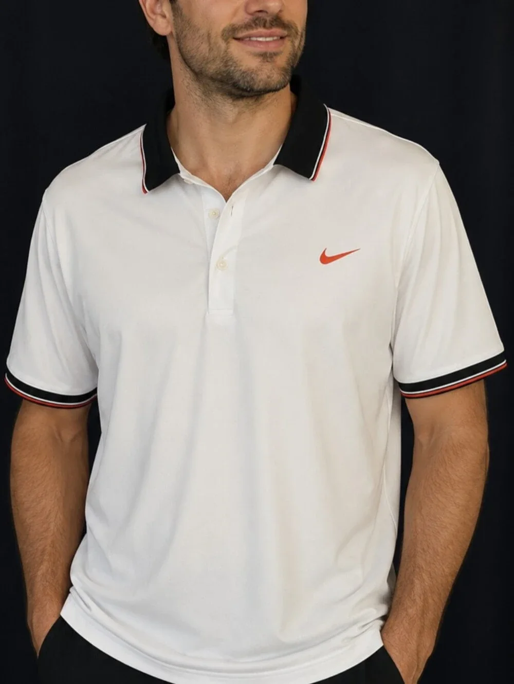 2015 Roger Federer Edition Nike White Polo with Black Collar and Orange Swoosh